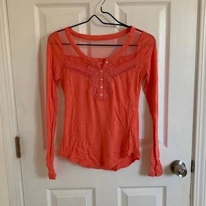 coral henley top sheer and lace